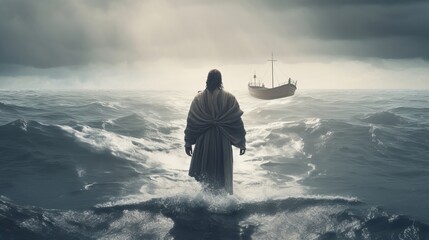 Jesus walks on water over the sea towards a watercraft inside the center of a storm. Scriptural subject concept. AI Generated - obrazy, fototapety, plakaty