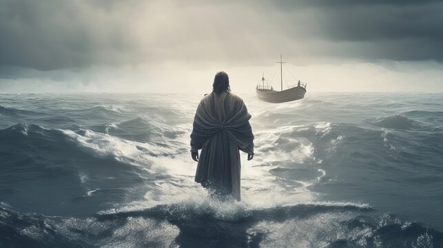 Jesus walks on water over the sea towards a watercraft inside the center of a storm. Scriptural subject concept. AI Generated