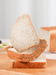 Scene with toast bread with fruit and milk, healthy breakfast, indoor kitchen photography