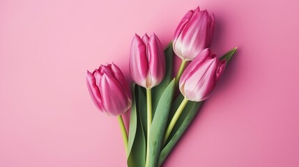 Fototapeta premium Spring tulip makes on pink foundation best see in level lay organize. AI Generated