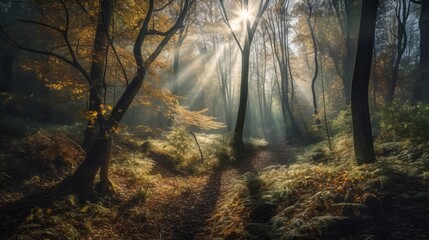 Disorienting scene of an collect time timberland with sunrays entering through the branches. AI Generated