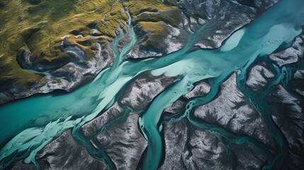 airborne picture of an icelandic stream. AI Generated