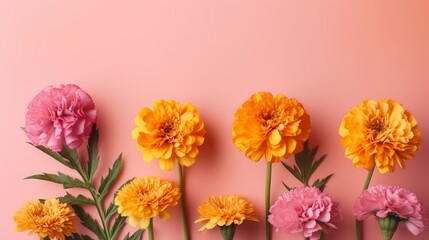 Obraz premium Spring marigold makes on pink pastel foundation beat see in level lay organize. AI Generated