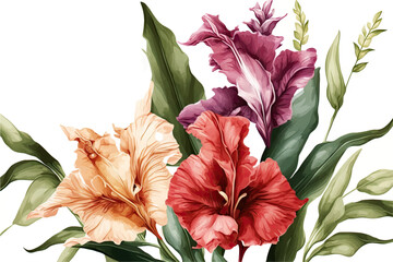 Summer watercolor flowers, banner with gladiolus - obrazy, fototapety, plakaty