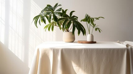 Obliged beige cotton tablecloth on counter table, tropical dracaena tree in daylight on white divider foundation. AI Generated