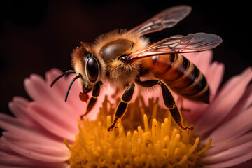 Nature's Busy Worker: A Close-Up Portrait of a Bee Collecting Pollen on a Flower