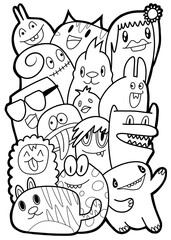 Hand-drawn illustrations, monsters doodle, Hand Drawn cartoon monster illustration,Cartoon crowd doodle hand-drawn Doodle style.black and white stripes coloring  book.