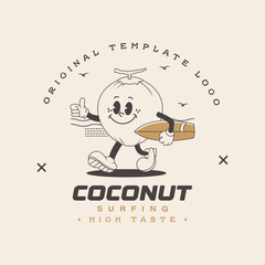 coconut character logo. surfing coconut logo template.