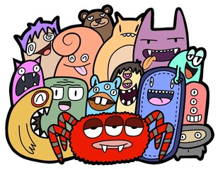 Hand-drawn illustrations, monsters doodle, Hand Drawn cartoon monster illustration,Cartoon crowd doodle hand-drawn Doodle style.