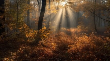 Obraz premium Disorienting scene of an collect time timberland with sunrays entering through the branches. AI Generated