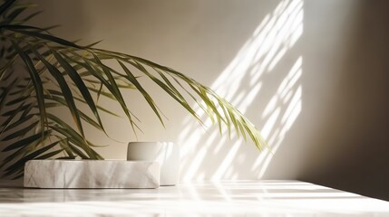 Obliged beige cotton tablecloth on counter table, tropical dracaena tree in sunshine on white divider establishment. AI Generated - obrazy, fototapety, plakaty