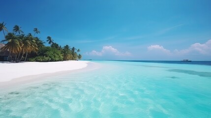 Fototapeta na wymiar tropical Maldives island with white sandy shoreline and ocean. palm. AI Generated