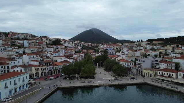 Aerial view of the beautiful seaside city of Pylos located in western Messenia in Peloponnese, Greece