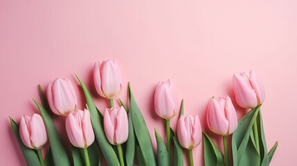Fototapeta premium Spring tulip makes on pink establishment best see in level lay organize. AI Generated