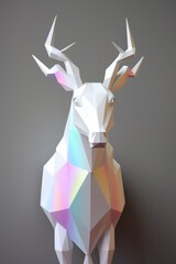 The deer animal shaped origami made of white and neon rainbow colored glossy material. Generative AI.