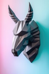 Animal origami made of black and neon rainbow colored glossy material hanging on the wall. Generative AI.