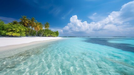 tropical Maldives island with white sandy shoreline and sea. palm. AI Generated