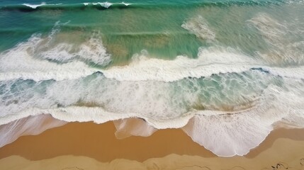 Airborne see of sandy shoreline with waves and clear sea water. AI Generated