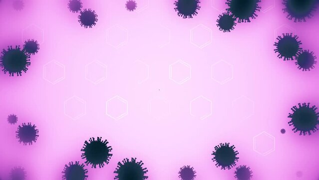 3D render of medical animated background with frame from corona varuses and hexagonal shapes like a symbols of molecular formulae with vignette and place for text, 4K science animation