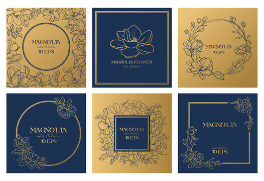 Wedding or party invitation templates with magnolia flowers. Square cards template with botanical design
