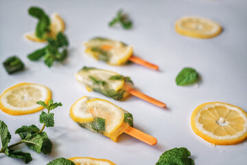 Appetizing Lemon Mint Ice Pops with Citrus and Mint on Light Background