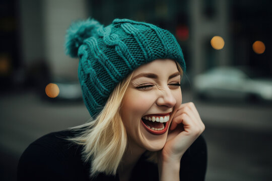 Lachende Frau mit grüner Wollmütze