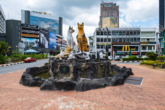 Kuching, Malaysia - May 2023: Kuching cat statue in the city center of Kuching, Sarawak, Malaysia. Landmark cat statue in the city 
