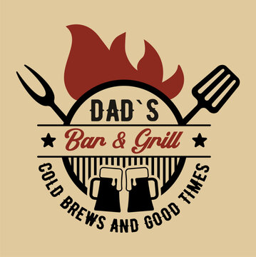 The inscription Dad s Bar and Grill. Vector Image with grill and beer
