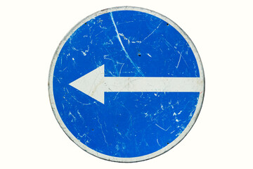Round scratched roadsign 'Turn left' isolated on white
