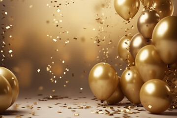 Fototapeta na wymiar Golden balloons with sparkles and flying confetti on golden background. Celebration, party banner. Generative ai.