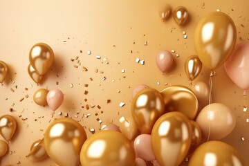 Golden balloons with sparkles and flying confetti on golden background. Celebration, party banner. Generative ai.