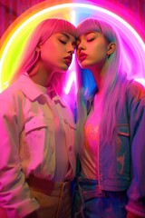 Two young girls in love posing under the neon rainbow colored lights. Might be lgbt gay couple. Generative AI.