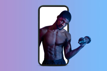 Fototapeta na wymiar Serious confident muscular black guy with naked torso doing muscle exercises with dumbbell