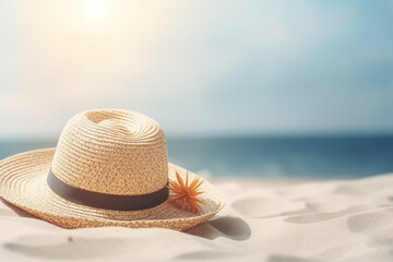 Fototapeta na wymiar Summer holiday background with tropical beach and sunbathing accessories. Generative ai