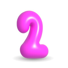 Colorful, lustrous and gleaming Fuchsia balloon digit Two. 3d realistic design element isolated on white background. For events, party, anniversary.