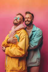 Two smiling lgbt boyfriends in retro pastel clothing celebrating the pride posing in front of the pink wall. Generative AI.