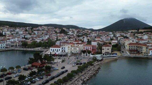 Aerial view of the beautiful seaside city of Pylos located in western Messenia in Peloponnese, Greece