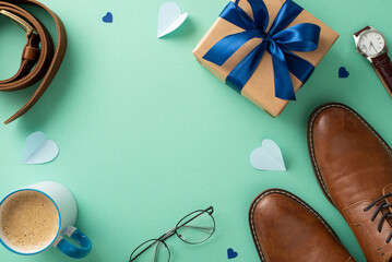 Chic Father's Day design. Overhead shot of present box, leather shoes, watch, accessories, belt, paper hearts, glasses on turquoise background with empty circle for text