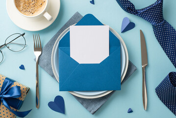 Impress your dad on Father's Day with table setting. Top view envelope, letter on plates, coffee,...