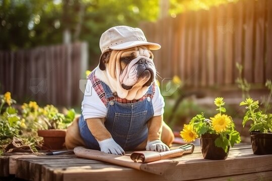 dressed British bulldog gardener in his environment, AI Generative