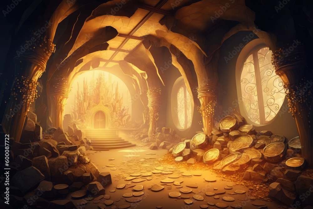 Wall mural fantasy world of gold mine or old treasure cave. distinct generative ai image.