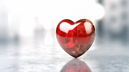 illustration of glossy clear red heart on blurry background with bokeh for health care and world heart day celebration, generative AI