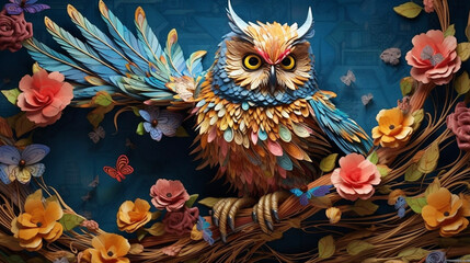 Fototapeta na wymiar Colorful owl with flowery background Generative ai