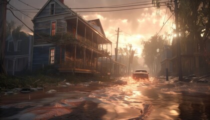Fototapeta na wymiar Flooding streets, deserted houses, raging winds, a sad apocalypse revelation. (Generative AI)