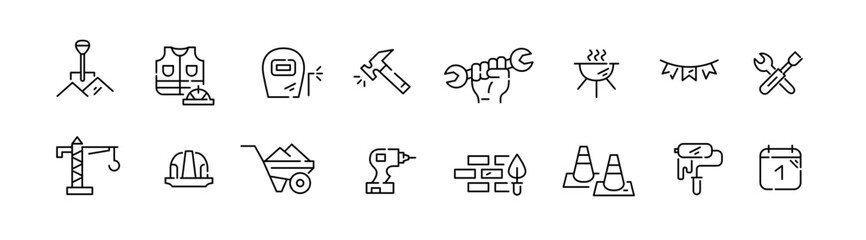 Labor day September 1st symbols. Manual labor and construction workers, holidays. Pixel perfect, editable stroke line icons set