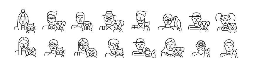 Pet owners of different ages. Cat, dog, fish and parrot love. Pixel perfect, editable stroke line set