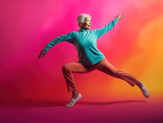 Fototapeta na wymiar Modern Aging. A playful portrait of a smiling senior woman stretching in yoga poses. Generative AI