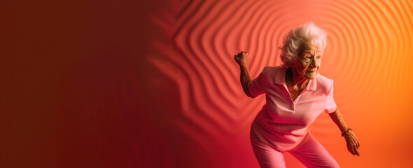 Obraz premium Modern Aging. A playful portrait of a smiling senior woman stretching in yoga poses. Generative AI