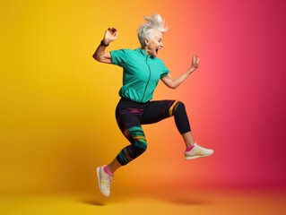 Modern Aging. A playful, energetic portrait of an older woman in workout clothes jumping for joy on a colorful gradient background. Generative AI