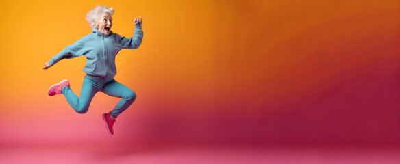 Modern Aging. A playful, energetic portrait of an older woman in workout clothes jumping for joy on a colorful gradient background. Generative AI